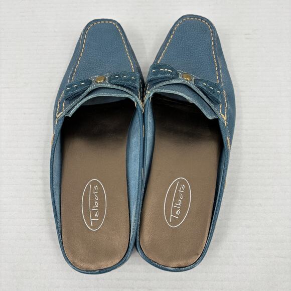 Talbots Mule Loafers Womens Size 7 Teal Blue Pebbled Leather Bow Detail Slip On - Picture 6 of 10